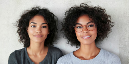 Trendy young women with afro hairstyles posing in a modern studio portrait, smiling happily.の素材