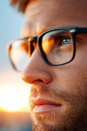 Thoughtful Intellectual Man in Eyeglasses Meditating at Sunset, Reflecting on Insightful Ideasの素材
