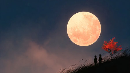 A Beautiful Silhouette of a Couple Admiring the Harvest Moon Under a Starry Sky at Nightの素材