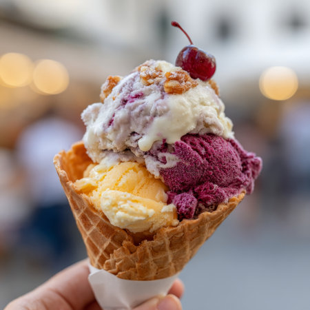 Delicious Artisanal Gelato Creation in a Crispy Waffle Cone Topped with Cherry for Summer Indulgenceの素材