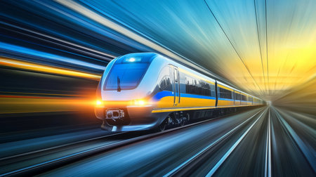 High-speed train racing along tracks, showcasing modern rail transportation technology in motion.の素材