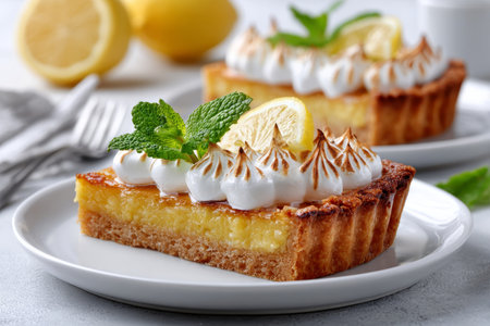 Elegant Lemon Confection Gourmet Baked Slices Decorated with Mint Leaf and Citrus Topping Delightの素材