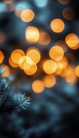Ethereal amber light orbs dance above delicate conifer needles, creating a magical winter ambiance.の素材