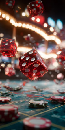 Vibrant Red Dice Caught in Mid-Air Over Detailed Craps Table, Symbolizing Chance and Recreationの素材