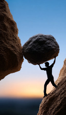 Silhouette of a Person Pushing a Heavy Boulder Up a Steep Hill, Overcoming Life s Challengesの素材