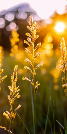 Golden meadow grasses illuminated by a vibrant sunset, creating a peaceful countryside scene.の素材
