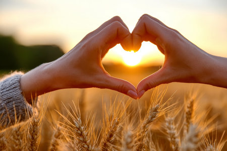 Romantic scenery with hands forming a heart shape, framing a vibrant sunset over a golden field.の素材