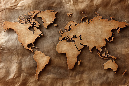 Antique Continents on Aged Parchment Texture with Old-Time Atlas Style Geography Backgroundの素材