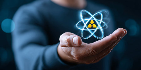 A Man s Palm Holding a Glowing Atom with Radiation Warning Sign on a Dark Blue Backgroundの素材