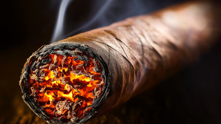 Exquisite macro shot of a cigar tip igniting, showcasing rich textures and glowing embers in focus.の素材