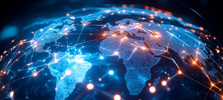 Globalization and Innovation A Glowing Planet Symbolizing Data Networking and Digital Connectivityの素材