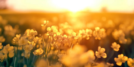 Golden Sunset Over a Tranquil Meadow Filled with Bright Yellow Flowers and Summer Grassesの素材