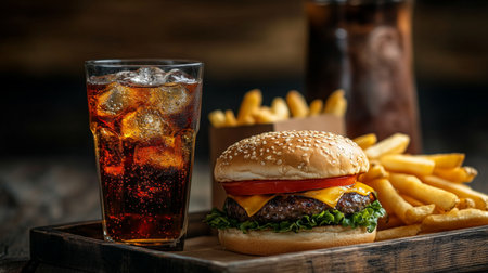Delicious Takeaway Combo Featuring Juicy Burger, Crispy Golden Fries, and Refreshing Cola Drinkの素材