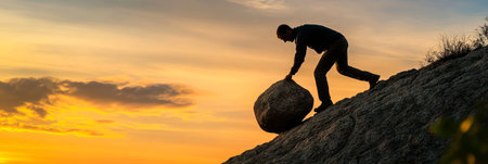 Determined Silhouette Strives Against Obstacles, Climbing Steep Peaks, Symbolizing Perseveranceの素材