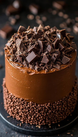 Indulgent Chocolate Layer Cake with Glossy Ganache, Chocolate Shavings, and Crumb Topping, Isolated.の素材