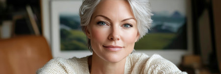 Elegant Portrait of a Mature Woman with Silver Hair, Warm Smile, and Cozy Home Atmosphereの素材