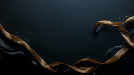 Elegant Abstract Background Featuring Flowing Gold Satin Ribbons on a Dark Surface for Celebrationsの素材