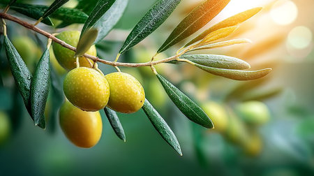 Sunlit Harvest Close-Up of Lush Olive Fruits on Branches, Ready for Picking in a Serene Gardenの素材
