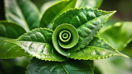 Tea Plant Leaves Unfolding in a Spiral Pattern, Showcasing Natural Freshness and Vibrant Greeneryの素材