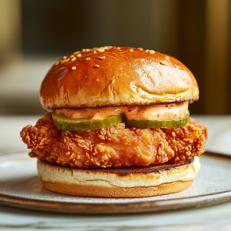 Mouthwatering Crispy Fried Chicken Sandwiches Served with Zesty Pickles and Delicious Friesの素材
