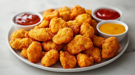 Golden Fried Crispy Chicken Nuggets Served on a White Plate with Colorful Condiments and Dipsの素材