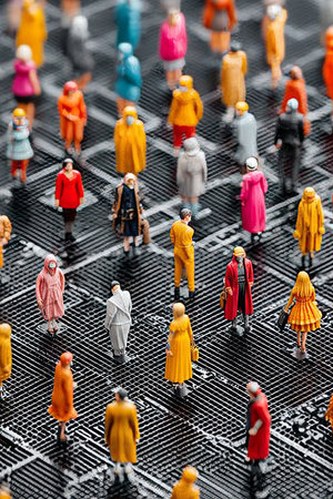 Diverse People Connecting in a Digital World, Colorful Figurines on Electronic Grid Backgroundの素材