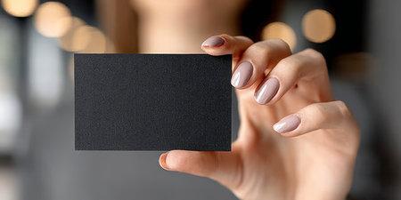 Elegant Woman Presenting a Minimalist Charm, Holding a Sleek Black Card in a Bright, Chic Settingの素材