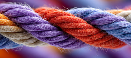 Vibrant Textured Pattern Created by Intertwined Strands of Colorful Yarn in Purple, Orange, and Redの素材