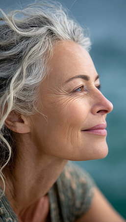 Timeless Beauty Serene Older Woman Contemplates the Horizon, Embracing Wisdom and Grace in Natureの素材
