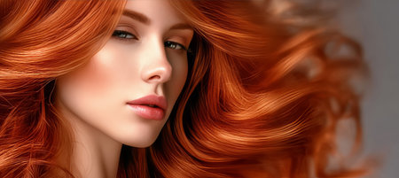 Elegant Woman with Flowing Red Hair Exuding Radiant Beauty and Sophistication in Vibrant Colorsの素材