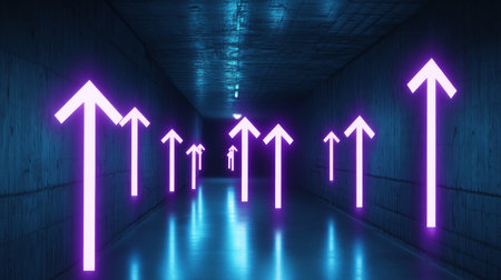 Futuristic Tunnel with Neon Arrows Guiding Upward, Symbolizing Growth, Progress, and Success Journeyの素材