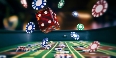 Casino Craps Red Dice Tumbling Above the Felt Table Surrounded by a Whirlwind of Colorful Chipsの素材