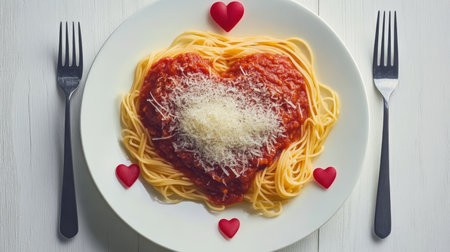 Heart Shaped Pasta for Valentine Romantic Dinner with Tomato Sauce and Cheese Toppings Delightの素材
