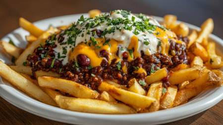 Delicious Hearty Loaded Fries with Chili Toppings, Cheese, and Creamy Dressings for Snack Loversの素材