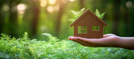 Sustainably Designed Home Icon in Hand, Representing Eco-Friendly Living and Environmental Awarenessの素材