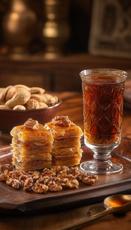Exquisite Oriental Baklava with Crispy Filo Pastry and Honey Syrup, Served with Nuts and Coffeeの素材