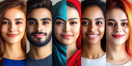 A Vibrant Mosaic of Modern Humanity Celebrating Multi Ethnic Culture and Racial Harmony Together.の素材