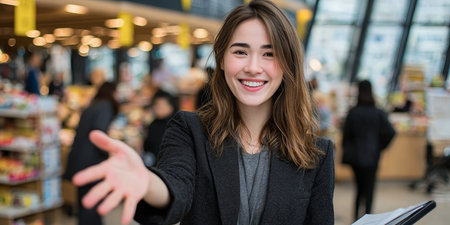 Cheerful saleswoman in supermarket extending hand for handshake, inviting happy customers to shopの素材