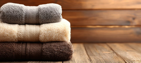 Vibrant Stack of Soft, Colorful Towels Neatly Folded on Rustic Wooden Table for Cozy Laundry Setupの素材