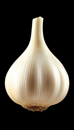 Close Up Studio Shot of Unpeeled Aromatic Garlic Bulb with Papery Outer Layer on Black Backgroundの素材