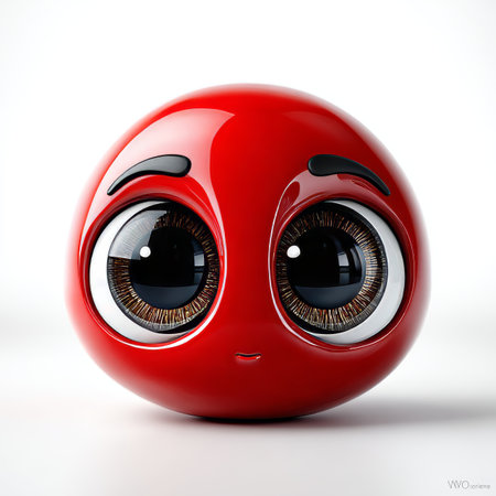Charming Red Emoji with Friendly 3D Face and Expressive Eyes on Clean White Backdrop in Photorealismの素材