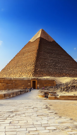 Breathtaking View of the Giza Pyramid Under a Clear Blue Sky, Exploring Ancient Egyptian Wondersの素材