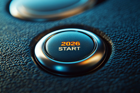 Illuminated Start Engine Button on Black Leather, Symbolizing the Start of a New Era in 2026の素材