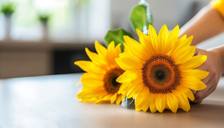 Bright and Cheerful Sunflowers in a Clean Studio Room, Creating a Peaceful and Beautiful Atmosphereの素材