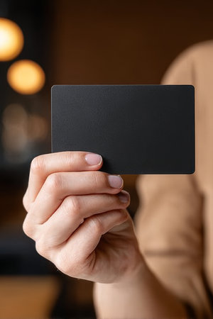 Stylish Gift Presentation with Matte Blank Card on Soft Abstract Background for Various Occasionsの素材