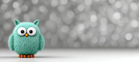 Adorable 3D Fluffy Teal Owl Illustration on Blurred Bokeh Background with Copy Space for Designersの素材