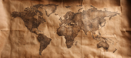 Antique World Map on Aged Paper with Grunge Texture, Embracing the Spirit of Explorationの素材