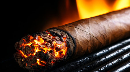 Aromatic Tobacco Still Life Premium Cigar Glowing Tip with Embers and Rich Havana Aroma in Focusの素材