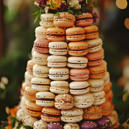 Colorful Macaron Tower Display of Exquisite French Meringues for Elegant Celebrations and Eventsの素材