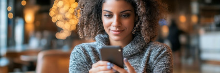 Attractive lady happily chatting online while holding a black smartphone, smiling at home indoors.の素材